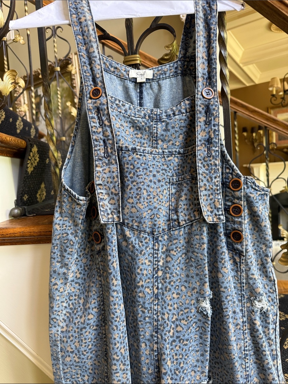 Easel Very Distressed Overall jumpsuit-jumper. Leopard blue jean.So cute. S EUC - Picture 4 of 8